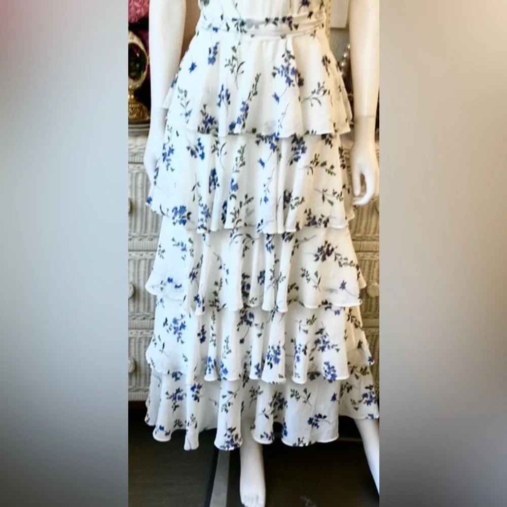 Jay Godfrey Hader Midi Dress Low Cut Tiered Lavender Blue Floral on White size 2 - Picture 3 of 7